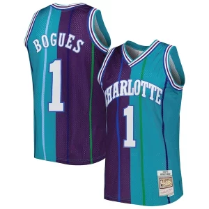 Muggsy Bogues Charlotte Hornets Personalisable Hardwood Classics 1992/93 Split Swingman Jersey Teal/Purple